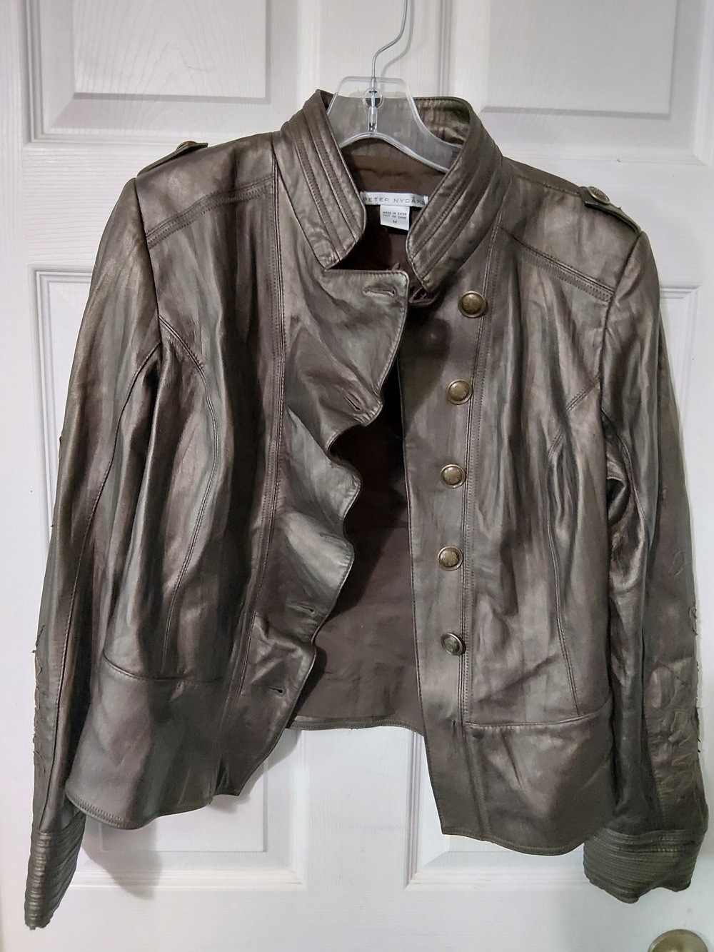 Peter Nygard Metallic Brown Leather Military-Style Jacket